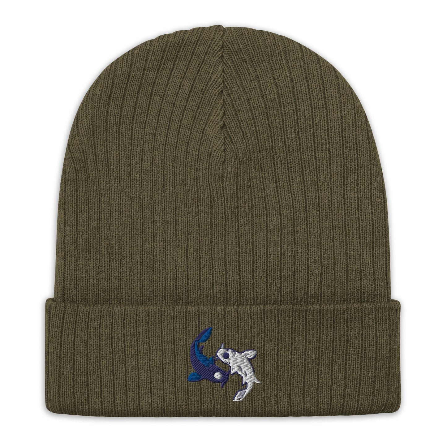 Koi fishes beanie yin yang embroidered Moon Spirit Oasis Ribbed knit